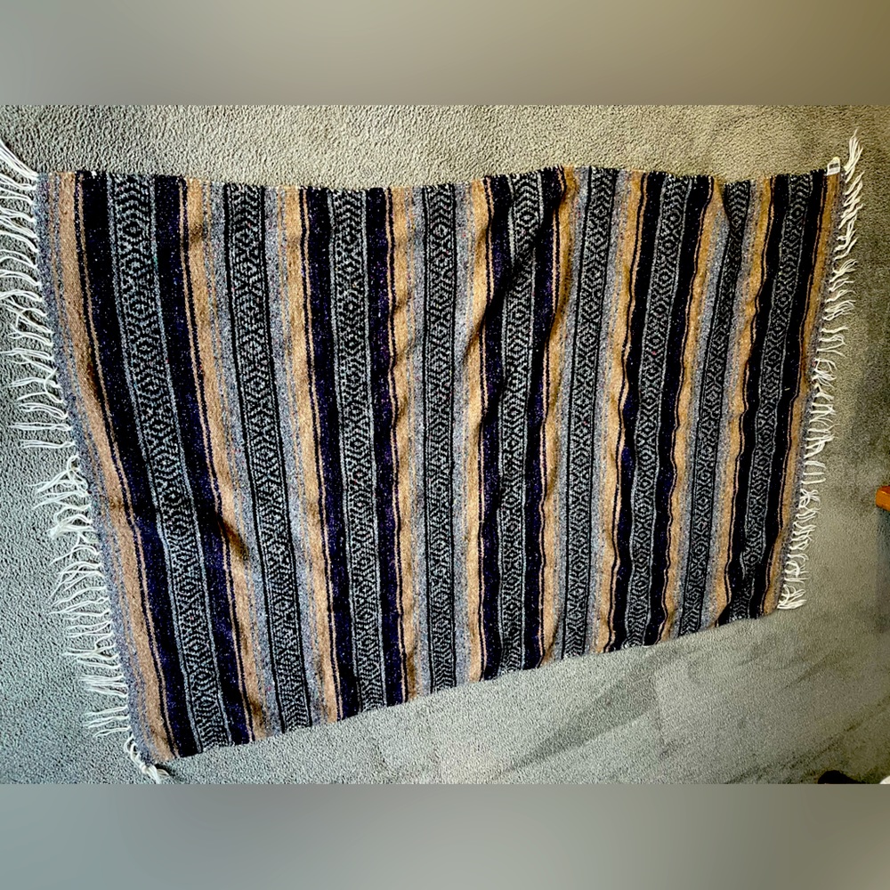 CUAMATZI BLANKET. Brown, Blue & White Multi-Color. 64”x46” without fringe.